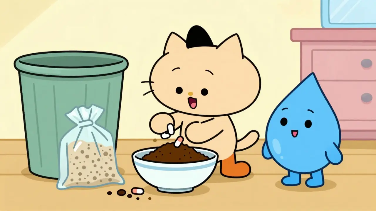 Cartoon character mixing pills with coffee grounds for safe disposal