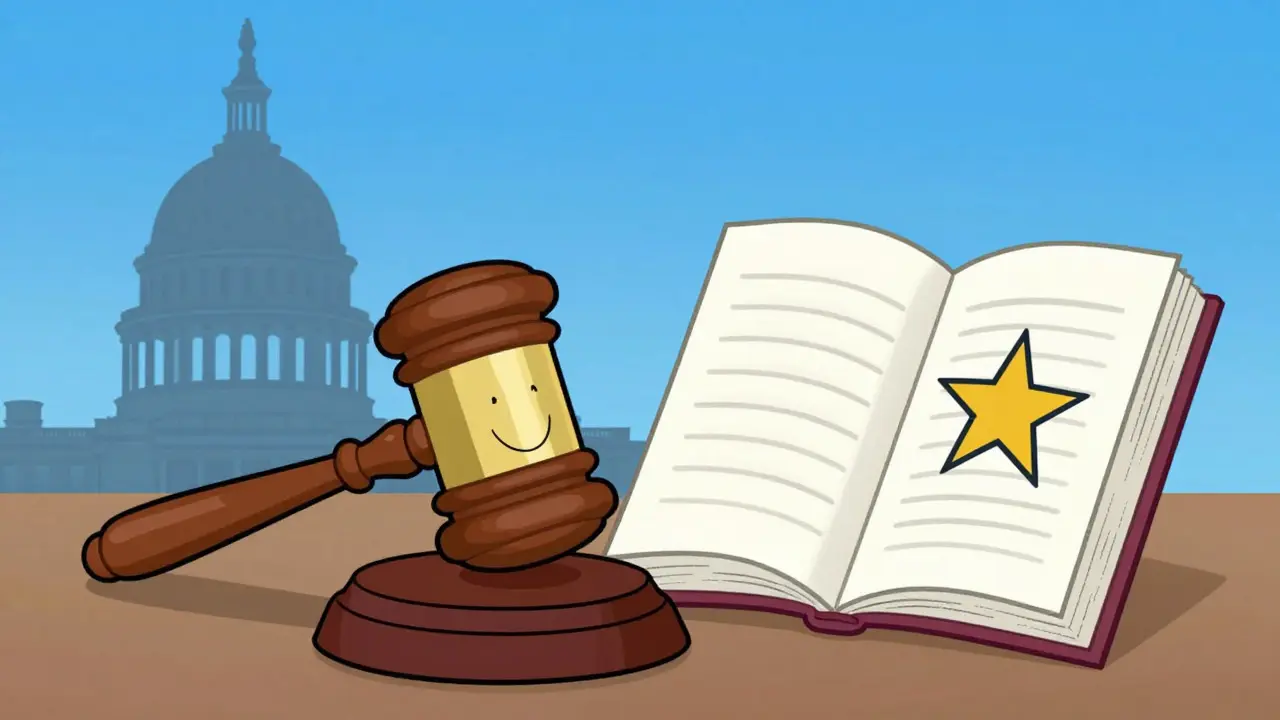 Cartoon gavel and book representing drug approval laws