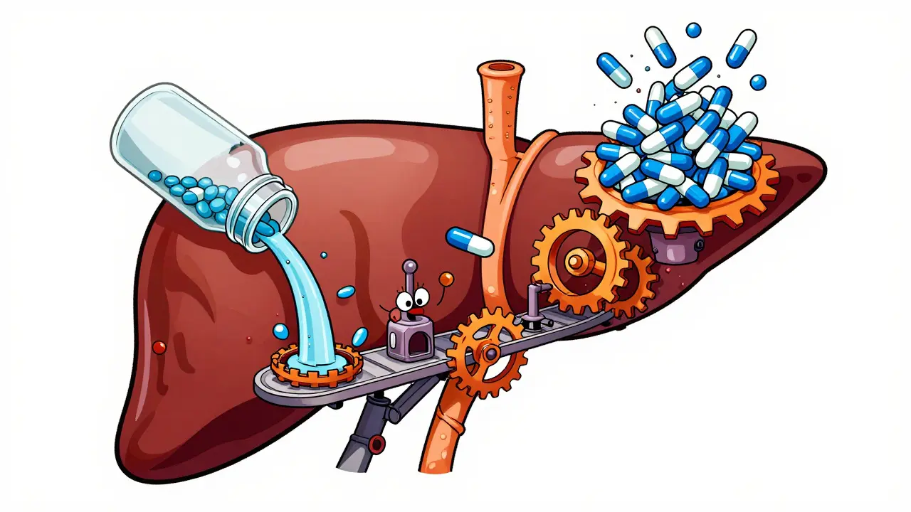 Cartoon liver factory showing how supplements disrupt drug processing