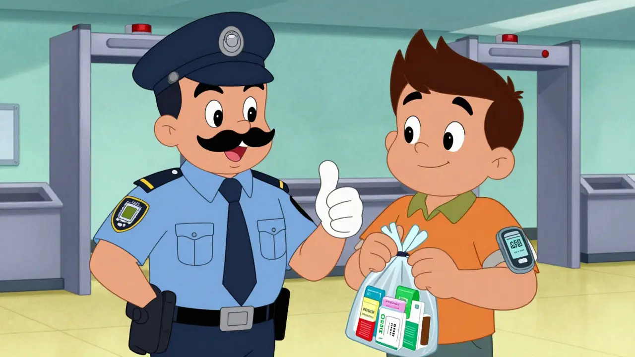 Cartoon traveler showing diabetes gear to a friendly TSA officer at security.