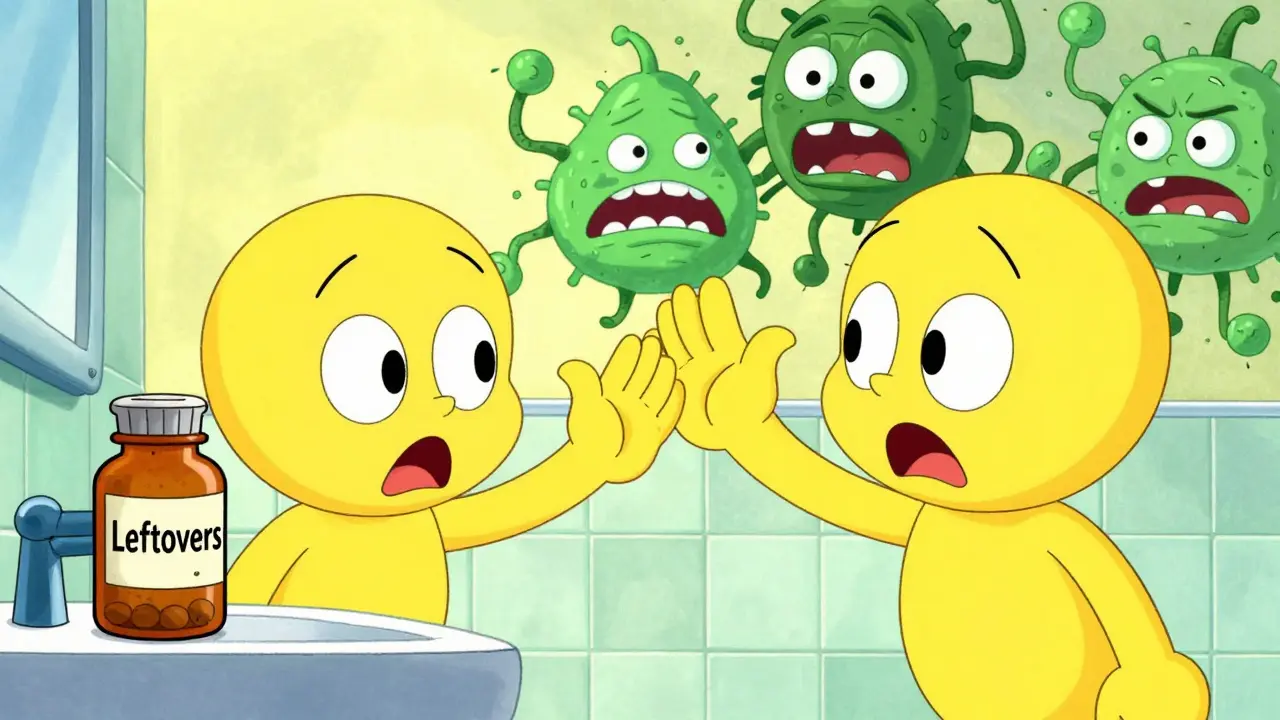 Cartoon warning against using leftover antibiotics with angry germs