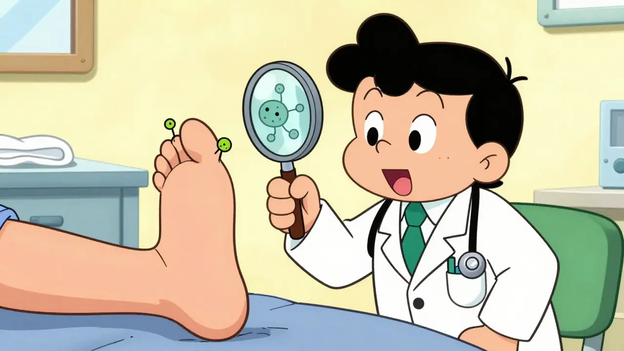 Doctor examining foot fungus with magnifying glass cartoon