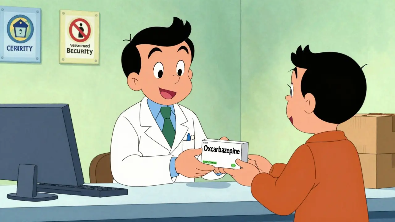 Friendly pharmacist handing safe generic meds