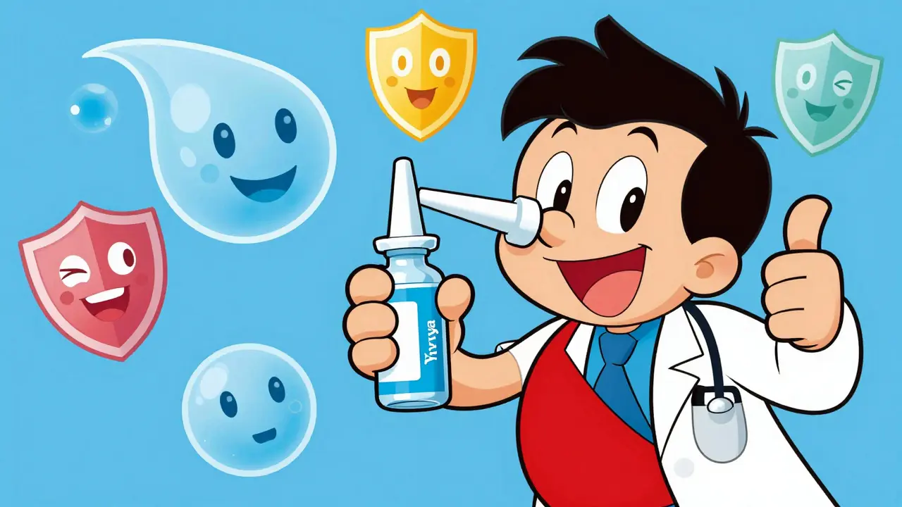 Happy cartoon character using nasal spray for eye health