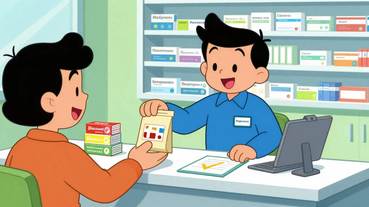 Happy customer receiving medication from a pharmacist with coupons nearby