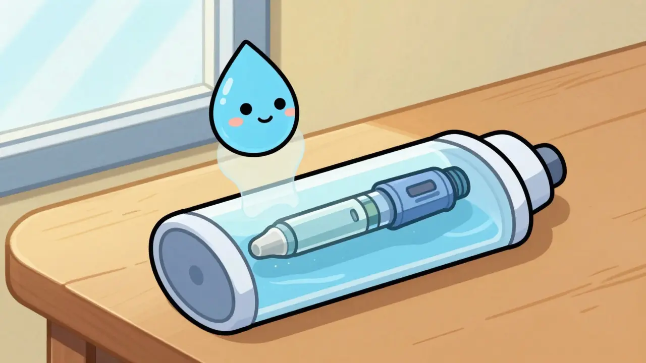 Illustration of an insulin cooling sleeve keeping medication safe from heat.