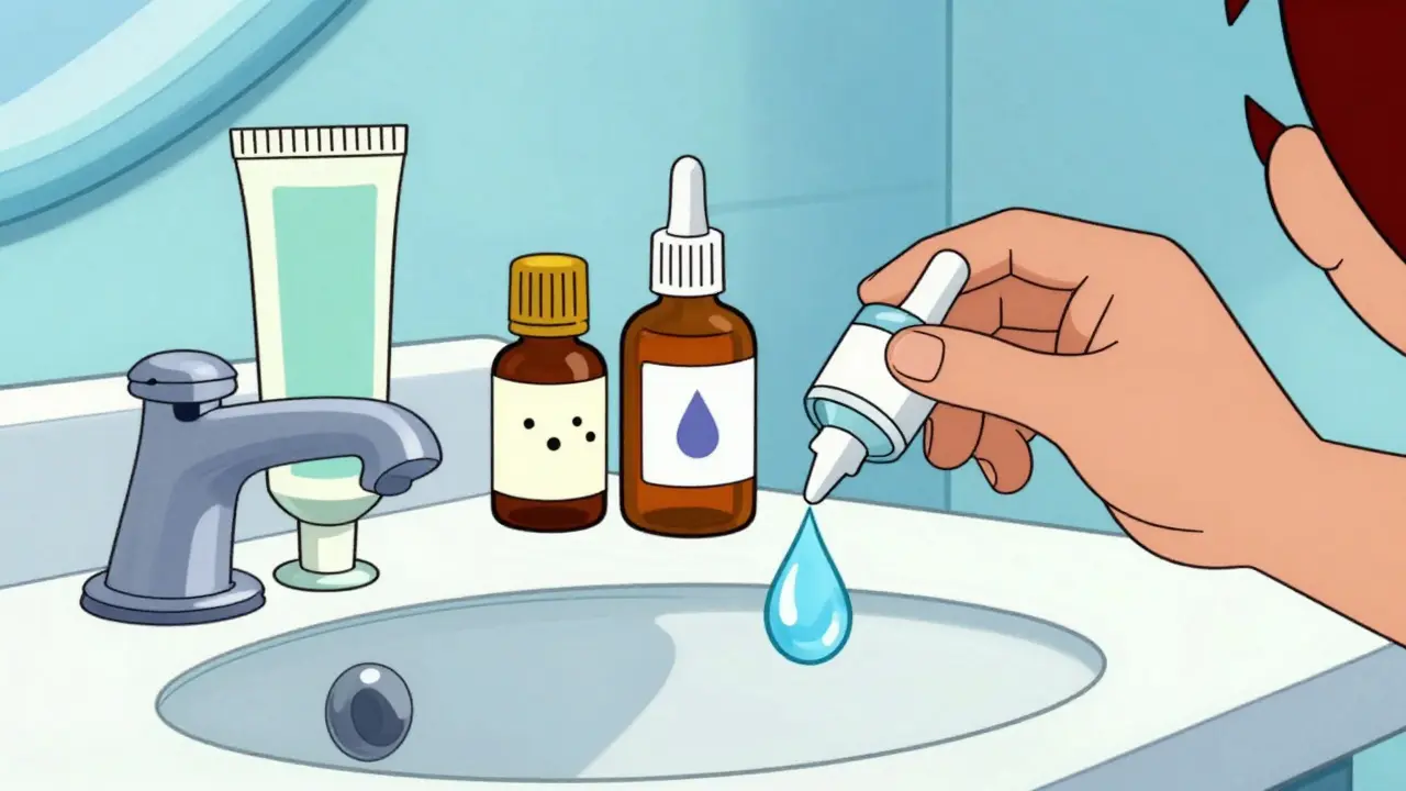 Illustration of eye drops and ointments on a counter
