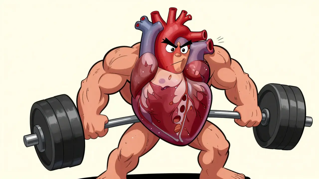 Muscular cartoon heart with thick walls, showing hypertrophic cardiomyopathy