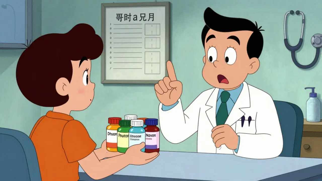 Patient showing supplement bottles to a doctor for professional safety review