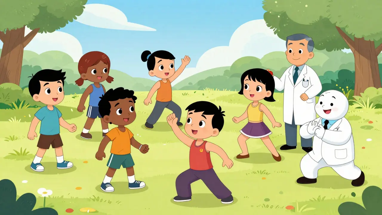 People exercising gently in a park with medical support