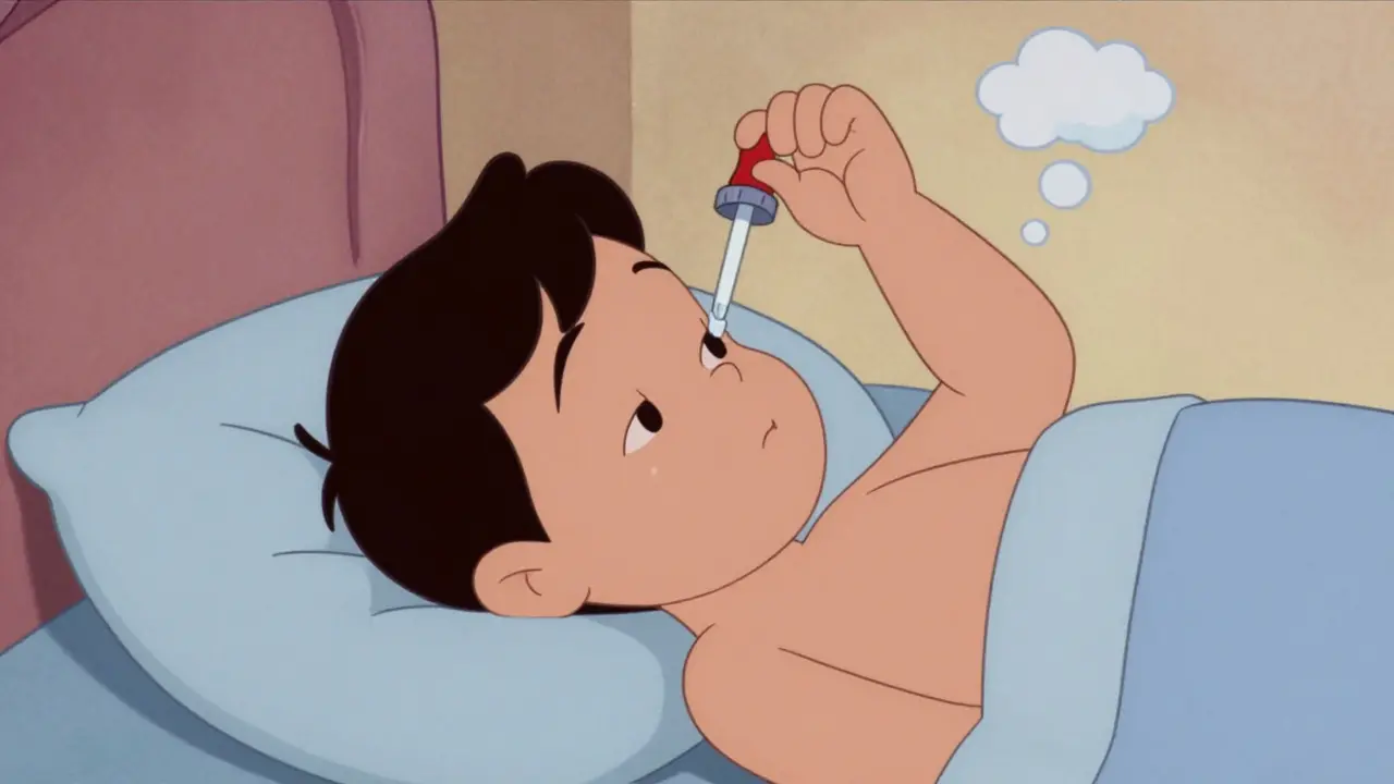 Person lying down calmly applying ear drops in Hanna-Barbera style