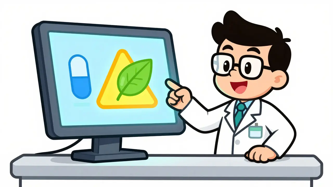 Pharmacist using a database tool to check for safe supplement and drug combinations