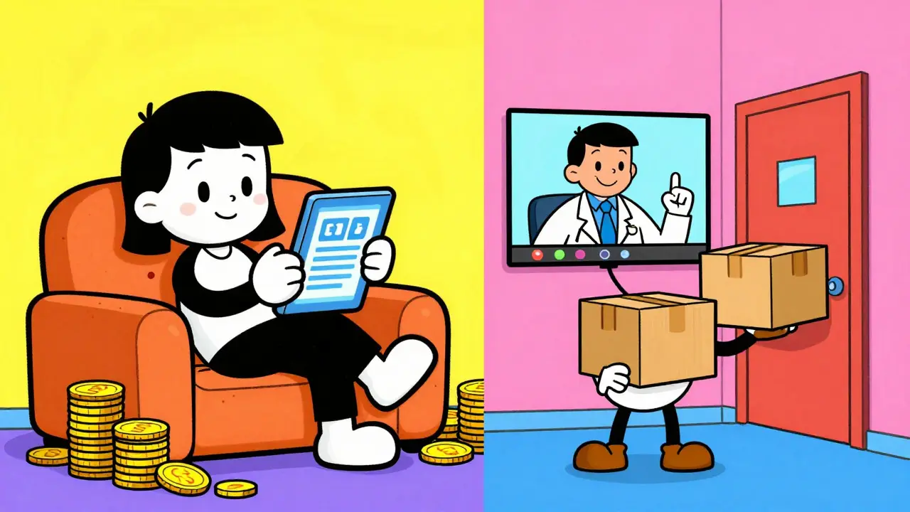 Split screen showing online coupon vs telehealth consultation