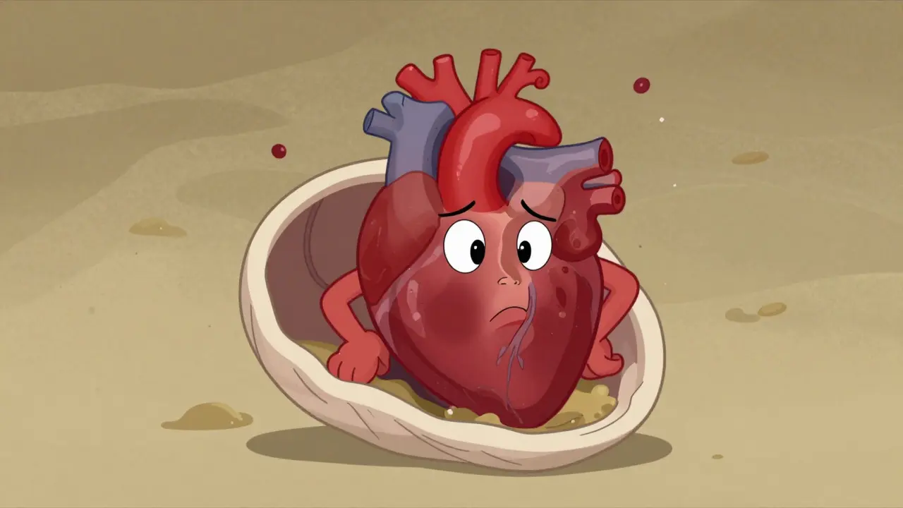 Stiff, rigid cartoon heart encased in shell, depicting restrictive cardiomyopathy