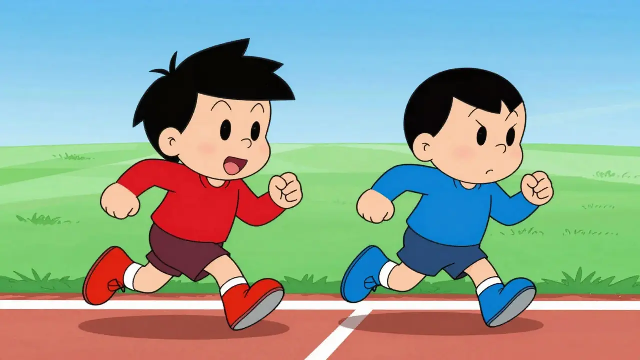 Two cartoon runners racing side-by-side showing equal speed