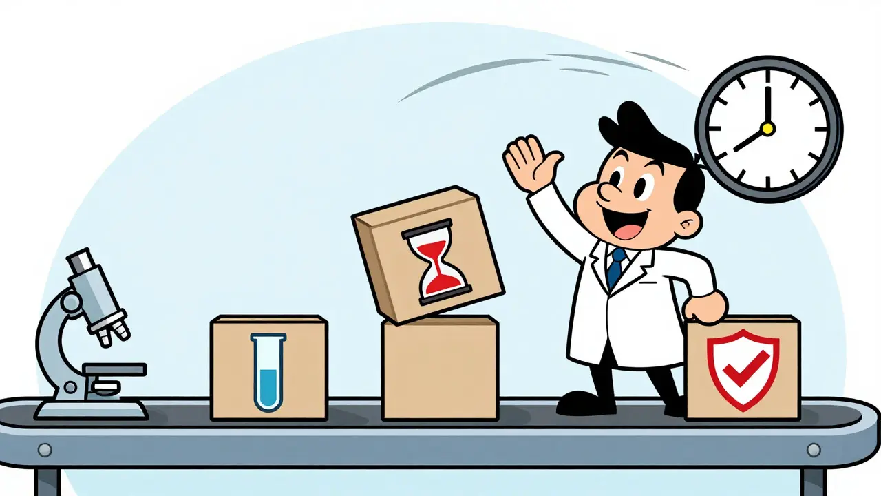 Animated FDA reviewer streamlining drug approval on a conveyor belt