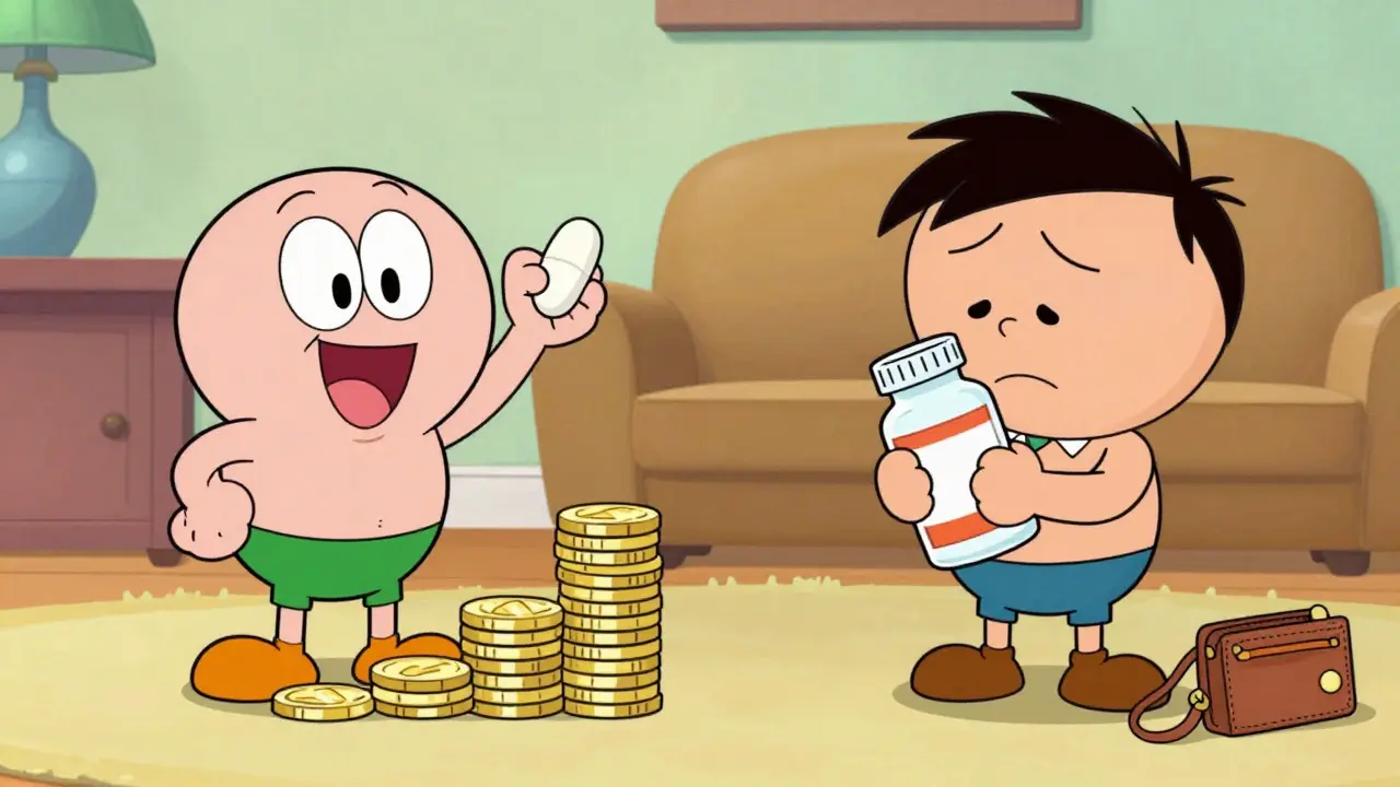 Cartoon comparing cost savings of generics vs brand loyalty