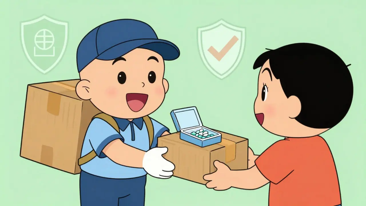 Cartoon delivery person handing over a sealed medicine package