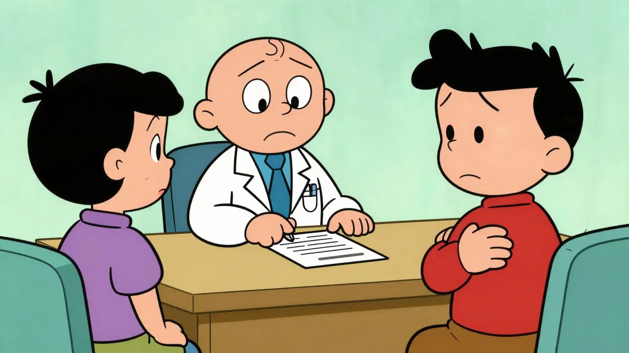 Cartoon doctor and patient discussing medication choices in office