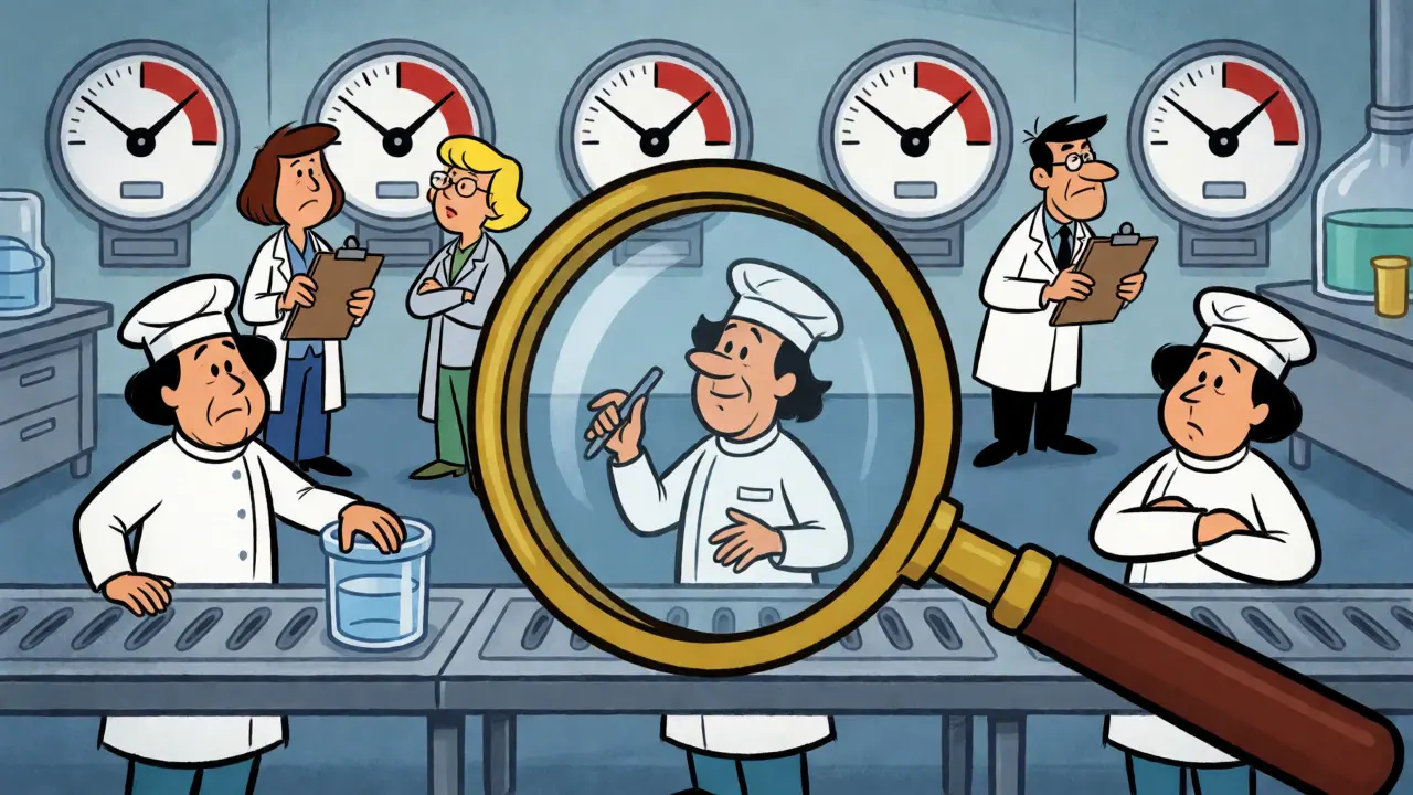 Cartoon inspectors examining manufacturing flaws with a magnifying glass