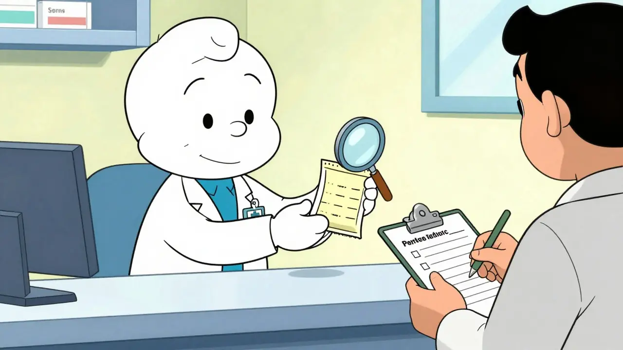 Cartoon pharmacist handing verified medication to customer