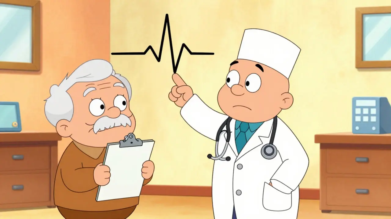 Doctor and elderly patient reviewing an abstract ECG wave in a cartoon office