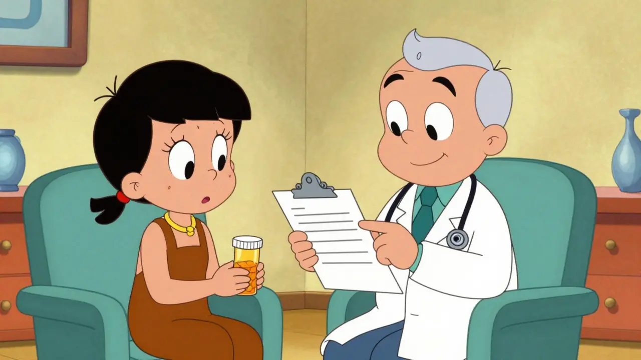 Doctor and patient discussing medication updates in an office