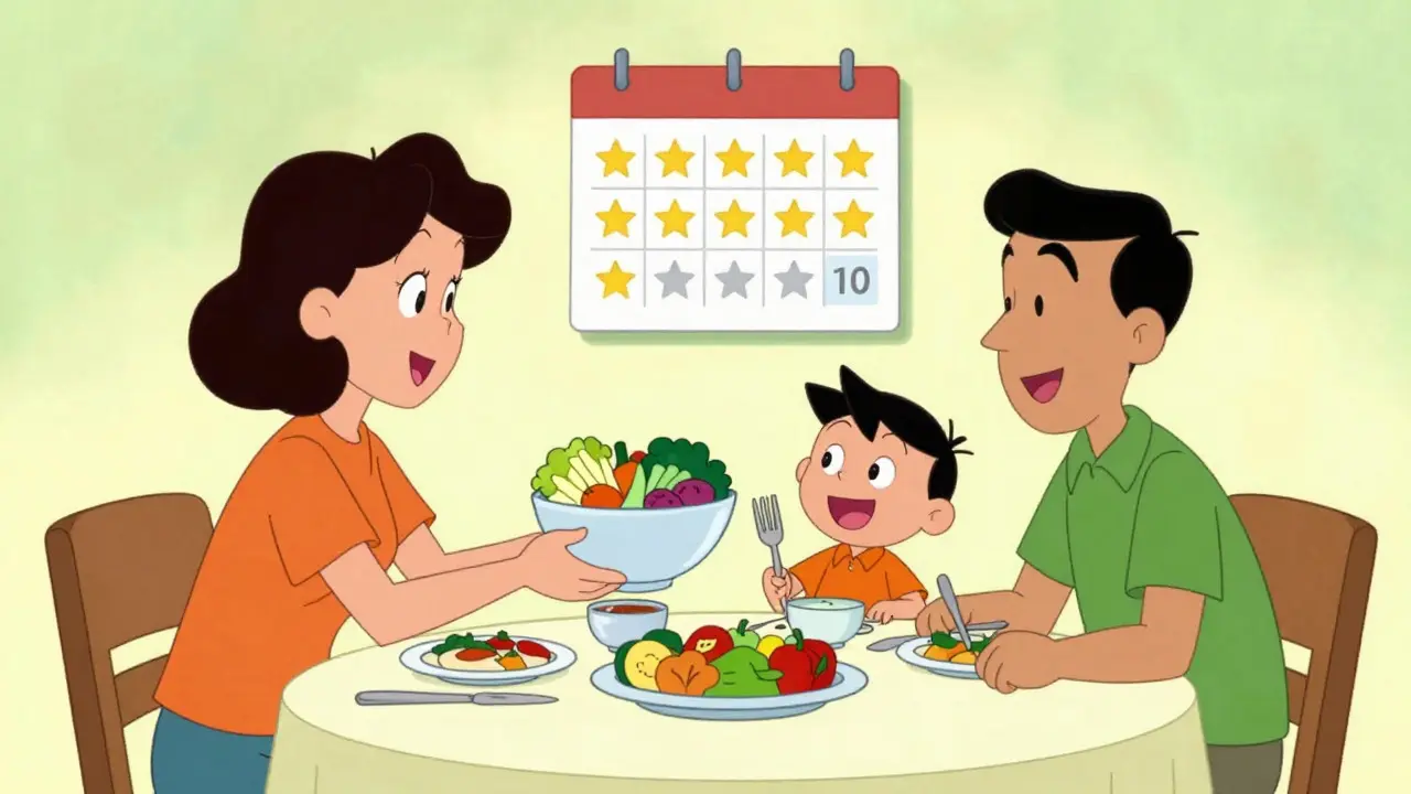 Family eating healthy food at home with a calendar in background