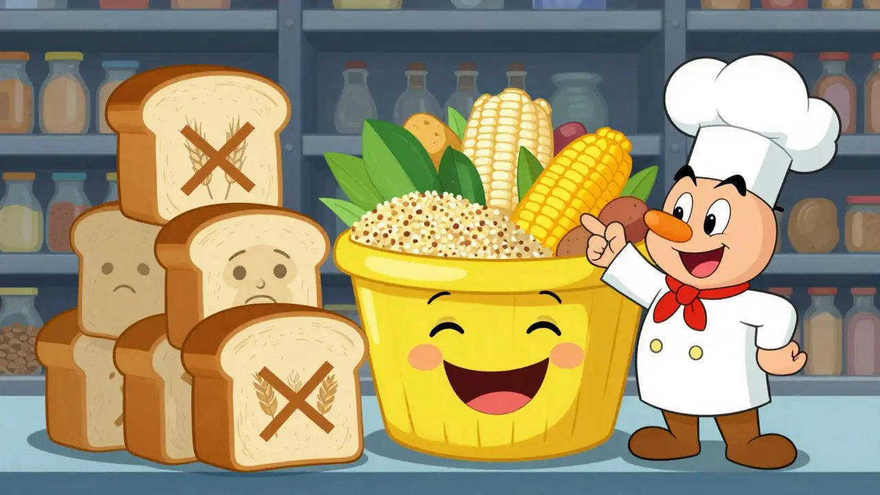 Happy basket of safe gluten-free grains vs sad wheat bread loaf