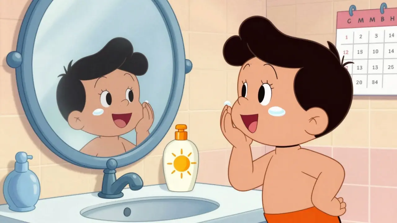 Happy cartoon woman applying skincare and sunscreen safely at home