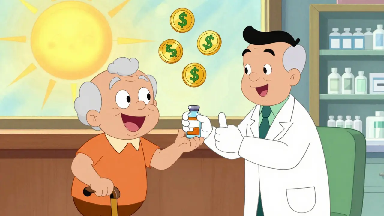 Happy patient and pharmacist exchanging medication with money symbols
