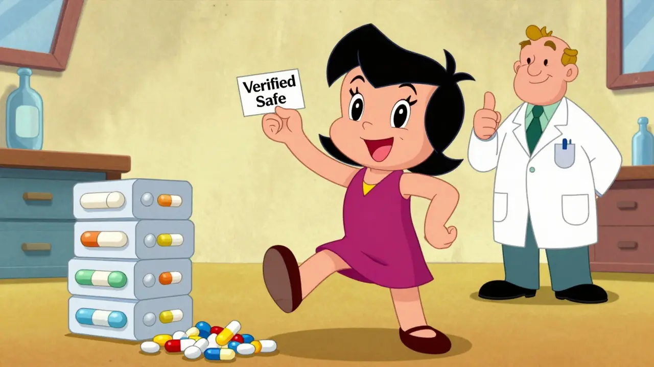 Happy patient holding verified allergy card near safe medications