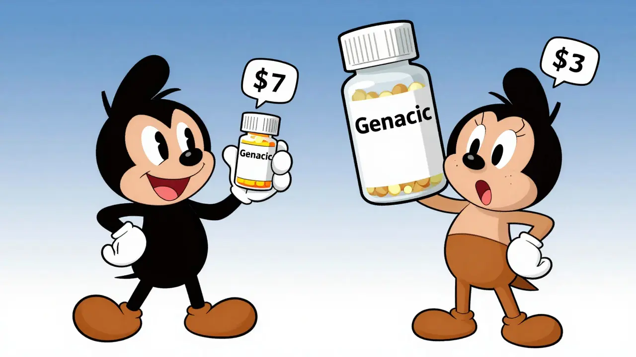 Illustration comparing prices of generic versus brand name pills