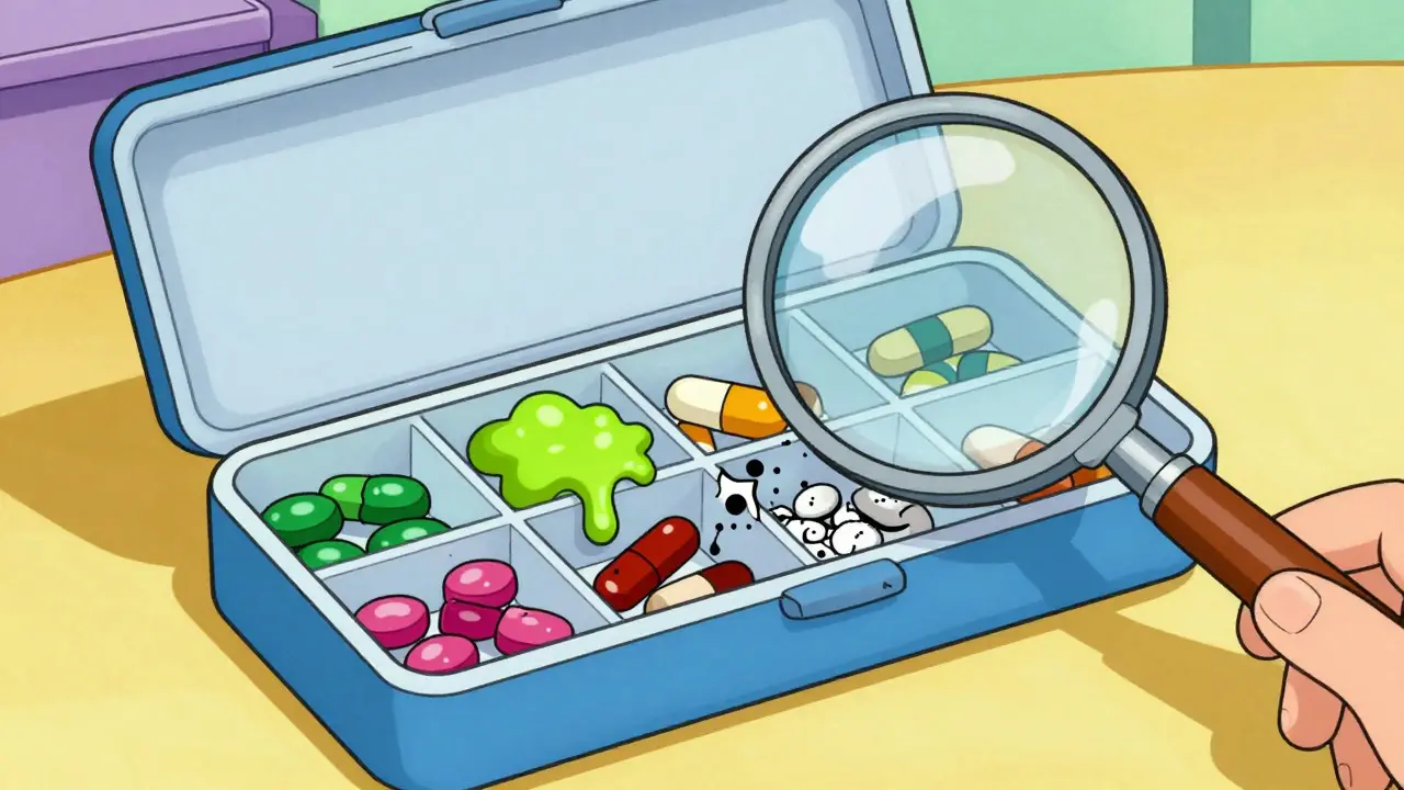 Illustration of pills degrading and clumping inside a weekly pill organizer.