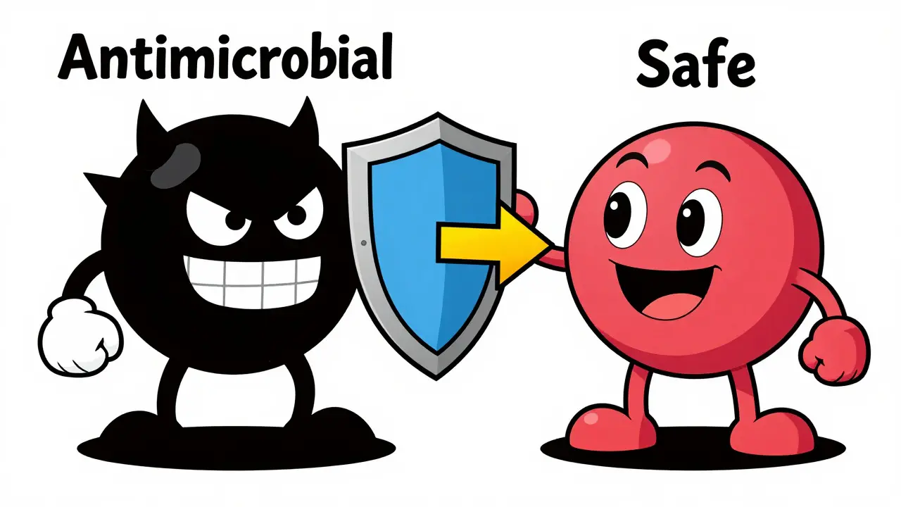 Illustration showing difference between dangerous antibiotic and safe drug molecules