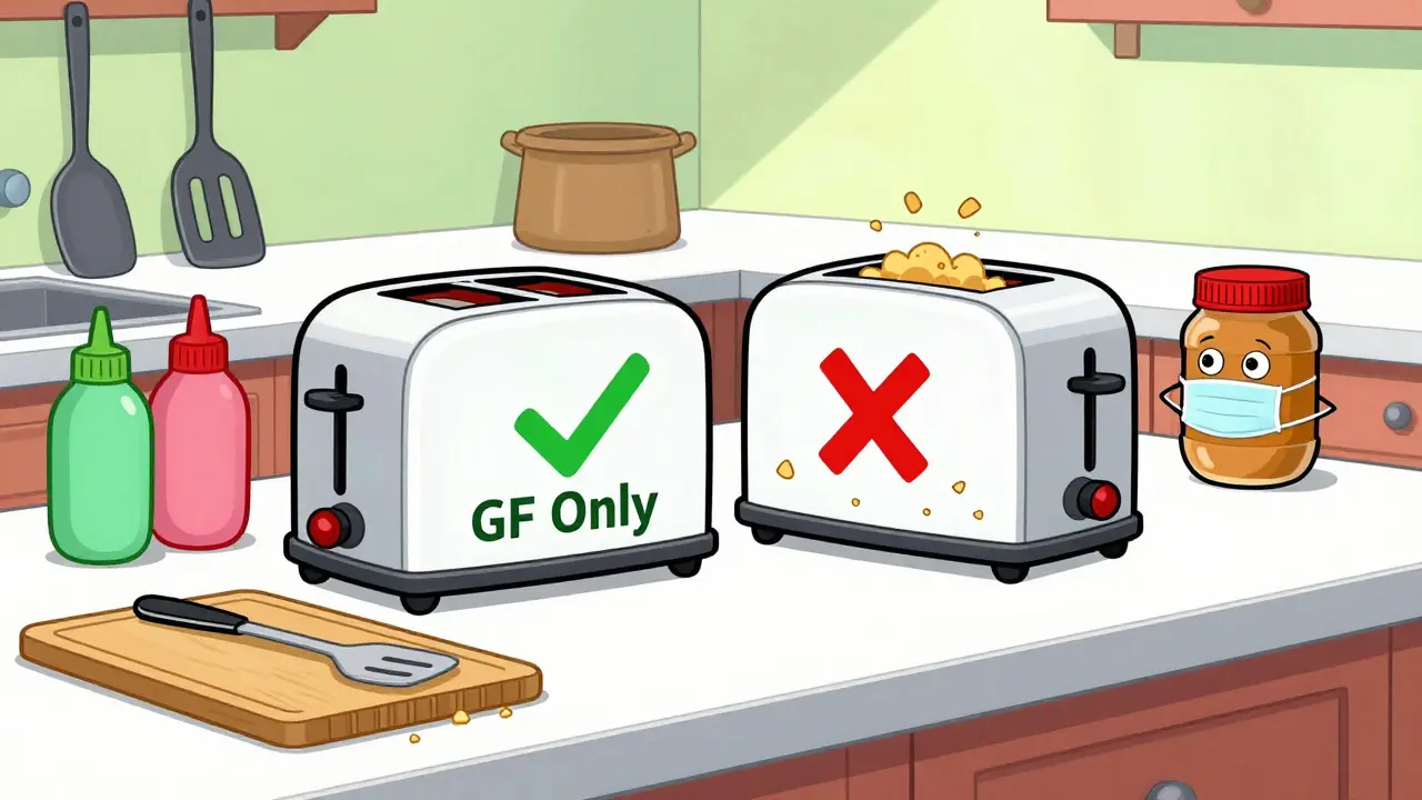 Kitchen counter with separate toasters and utensils for celiac safety