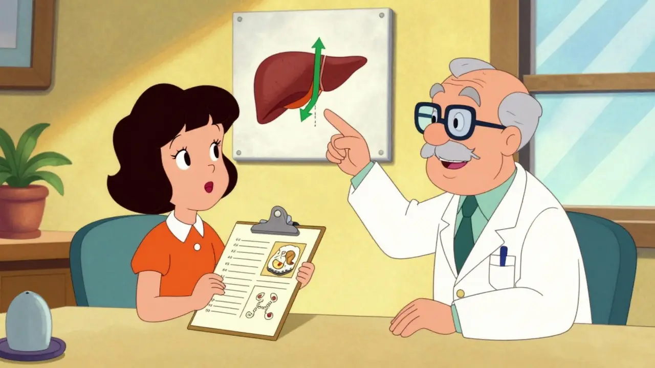 Patient and doctor discussing liver recovery in a bright office