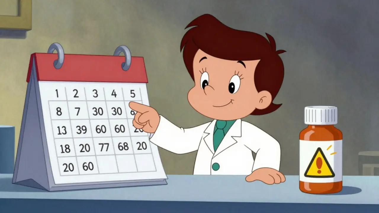 Pharmacist explaining short expiration dates for repackaged medications.