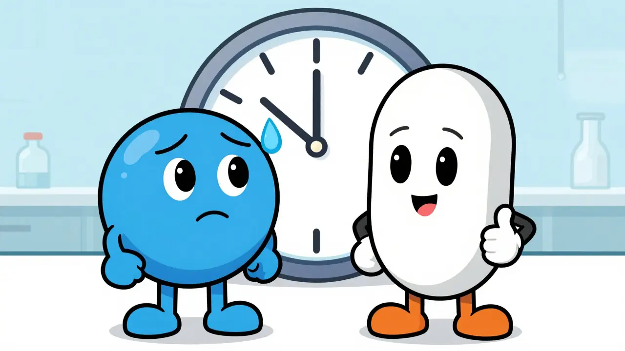 Two cartoon pill characters comparing their effects on heart rhythm timing
