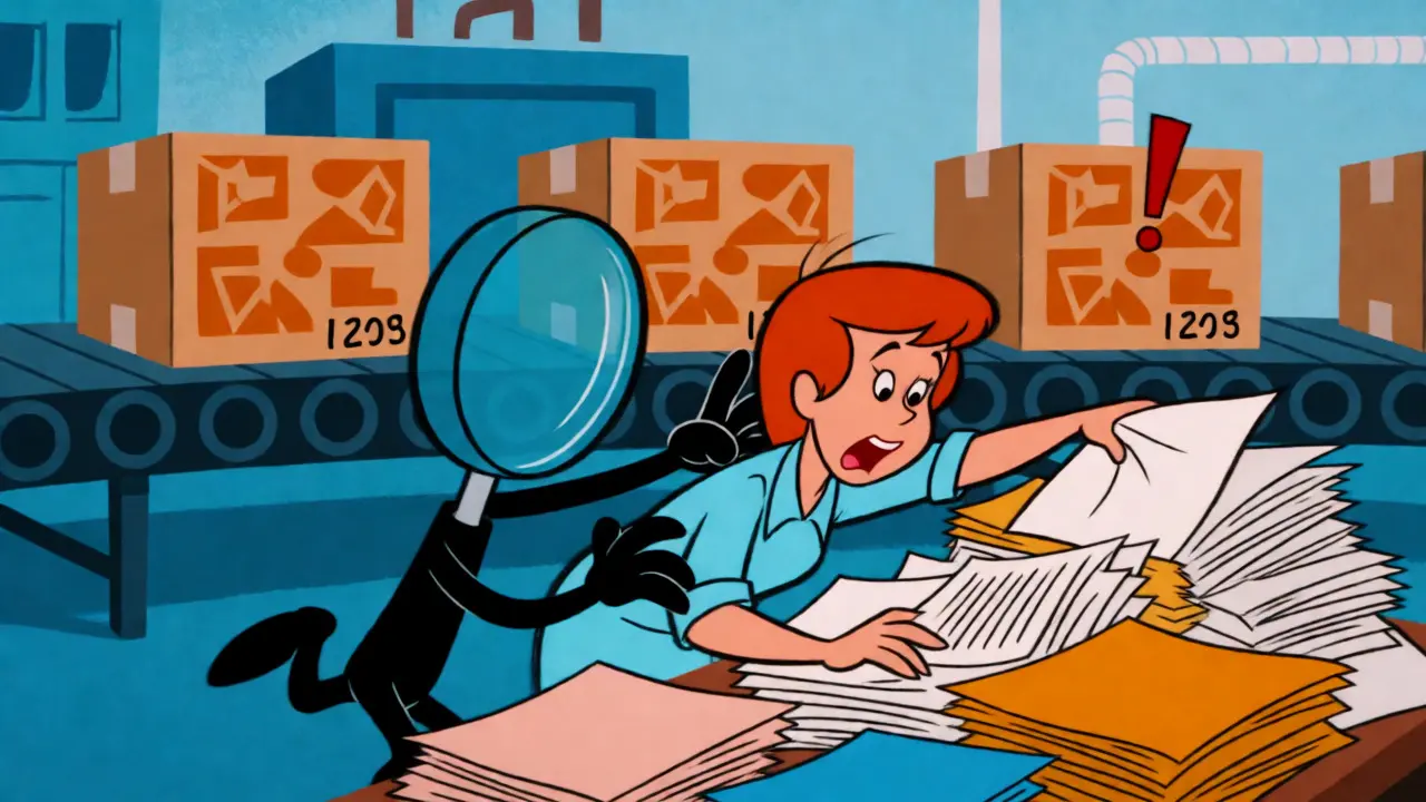 Animated character searching for records with a magnifying glass near product boxes.