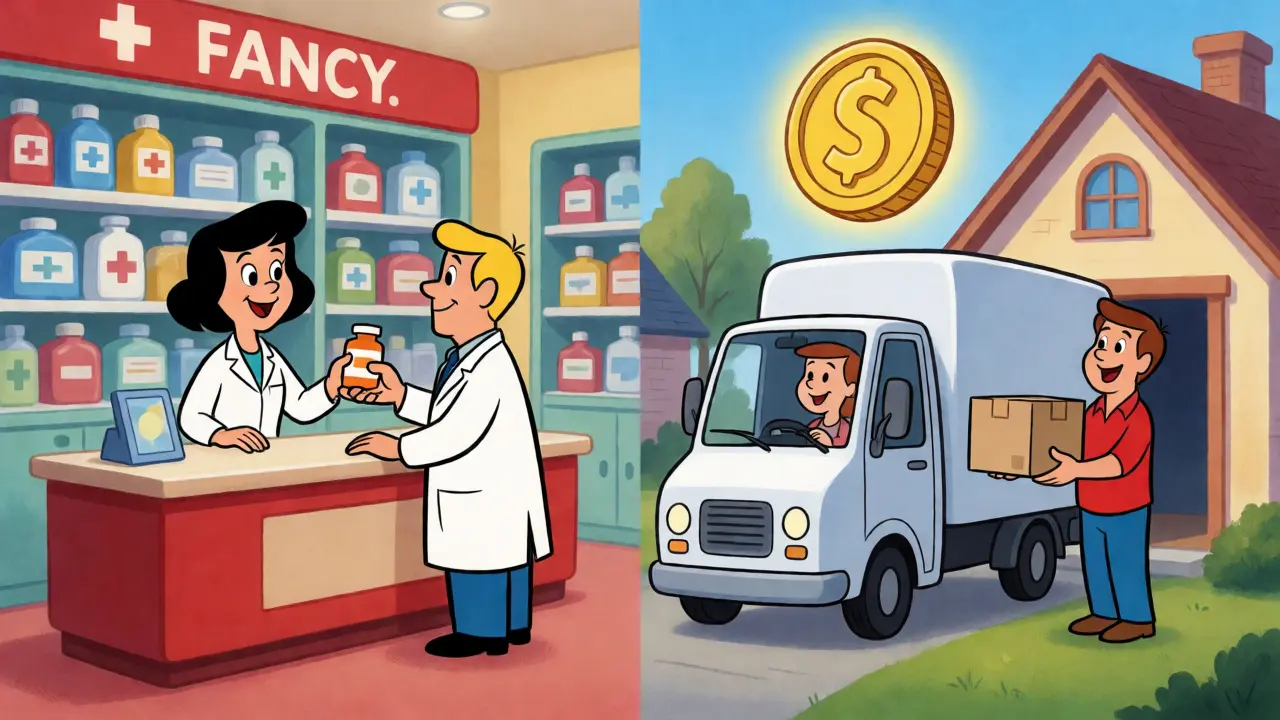 Cartoon split-screen showing pharmacy pickup and home delivery options