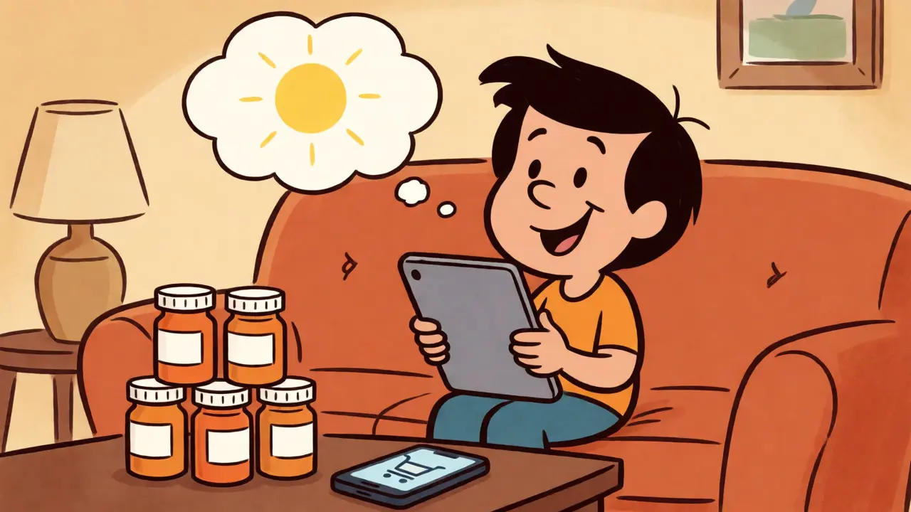 Happy person relaxing on couch holding allergy medication tablet