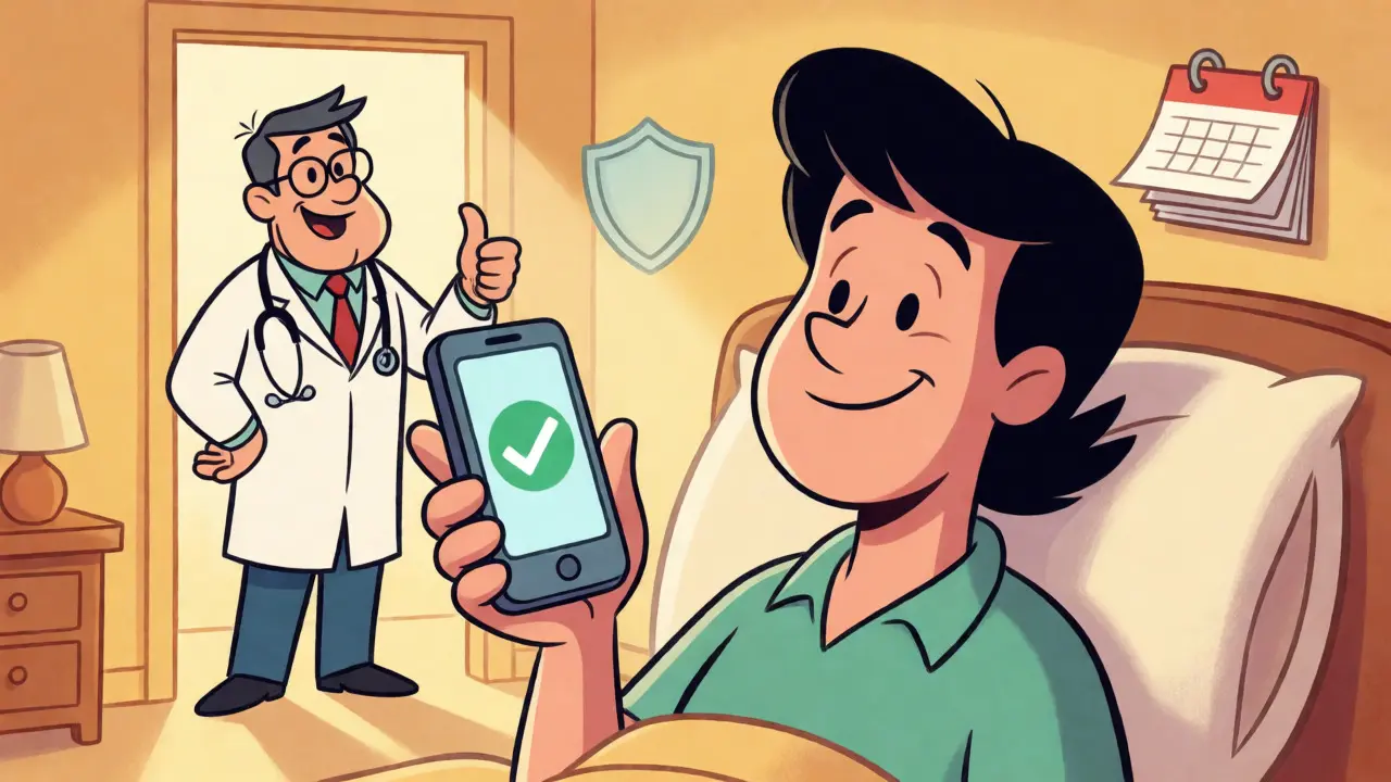Smiling patient checking device status on a phone with a supportive doctor nearby.